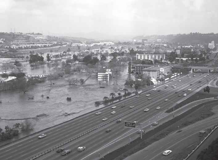 Damaging flooding in Mission Valley, circa 1980. Photo courtesy of the San Diego History Center. 
