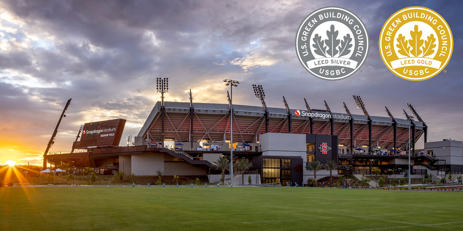 Snapdragon Stadium at sunrise with LEED certifications.