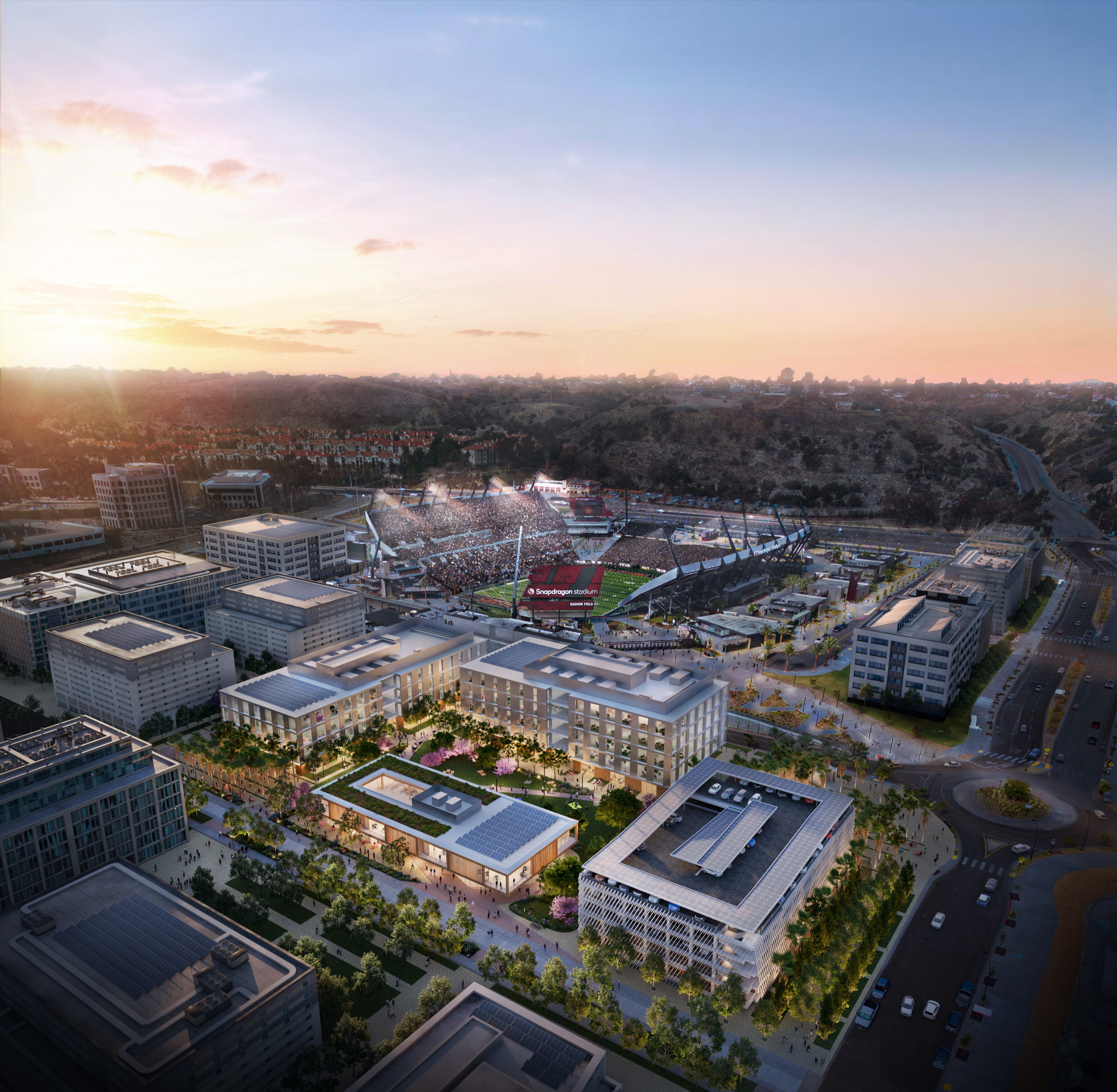 Aerial view of the first innovation district project as proposed by LPC West. Courtesy of LPC West; Design: Lever / FPBA / JCFO; Image by E Studio Nod.