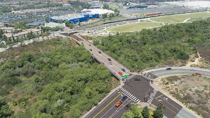 A rendering of Fenton Parkway Bridge that will extend Fenton Parkway (top of the image) over the San Diego River to Camino del Rio North.