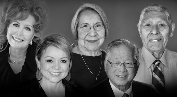 2022 honorary doctorate recipients (from left) Dianne Louise Bashor, Lidia S. Martinez, Shirley Apple Murphy, Tom Hom and Henry Ruben Murphy